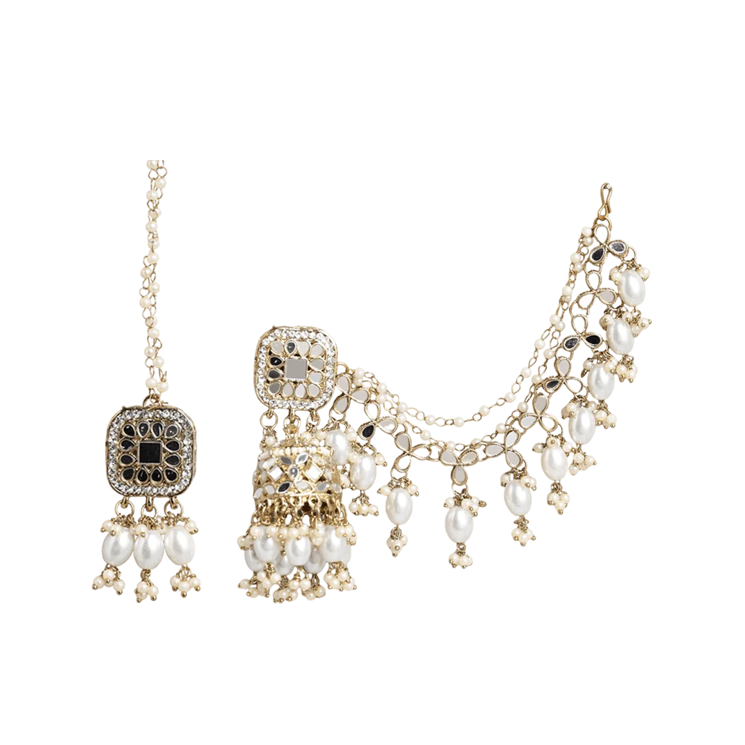 Gauhar Stone-Studded Earring & Mang Tika Set - White
