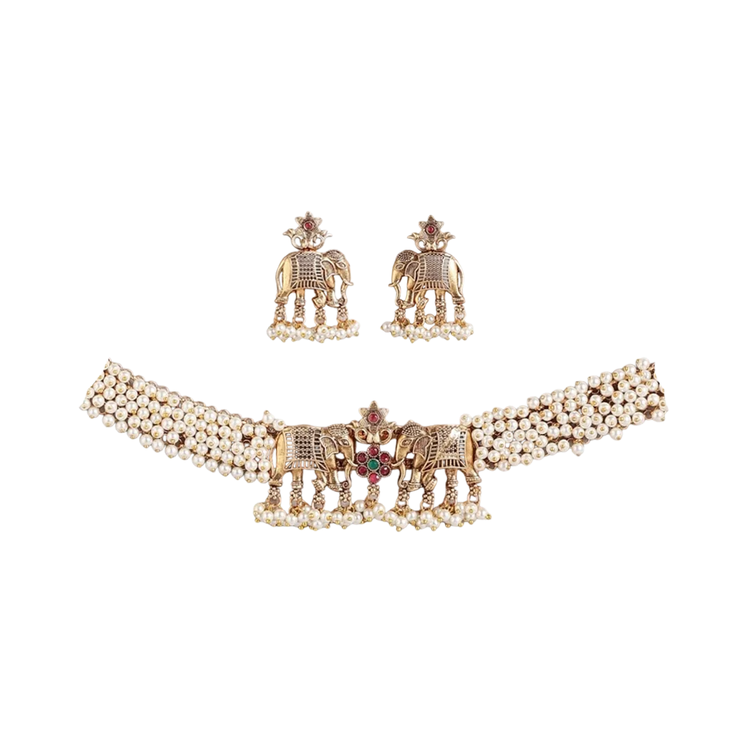 Kalyani Gold Plated Elephant & Pearl Choker Set
