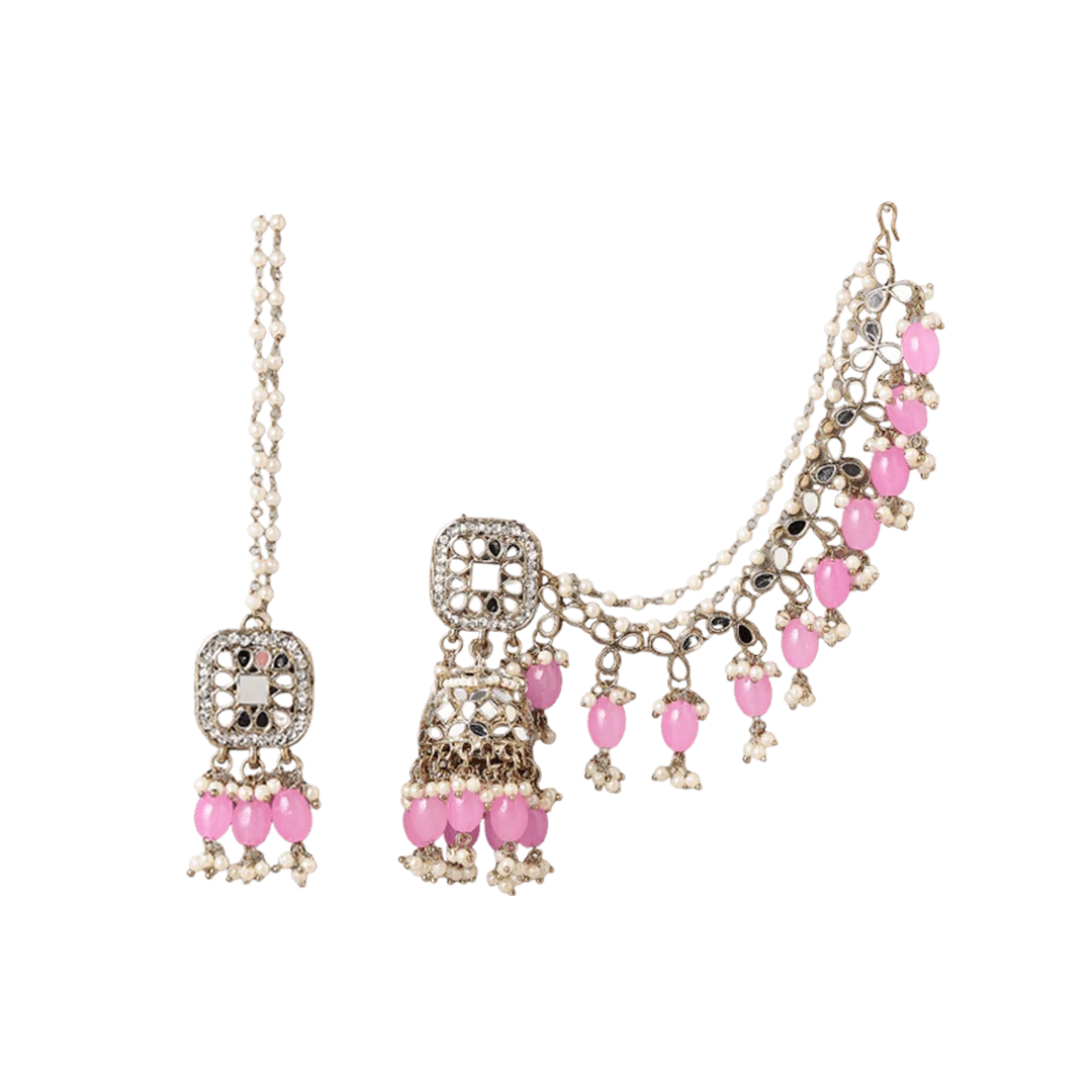 Gauhar Stone-Studded Earring & Mang Tika Set - Pink