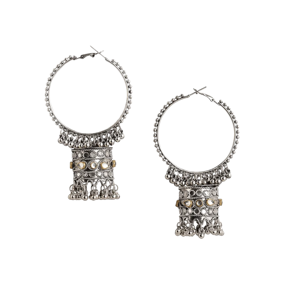Kaumudi Silver Oxidised Stone Studded Jhumka Earrings