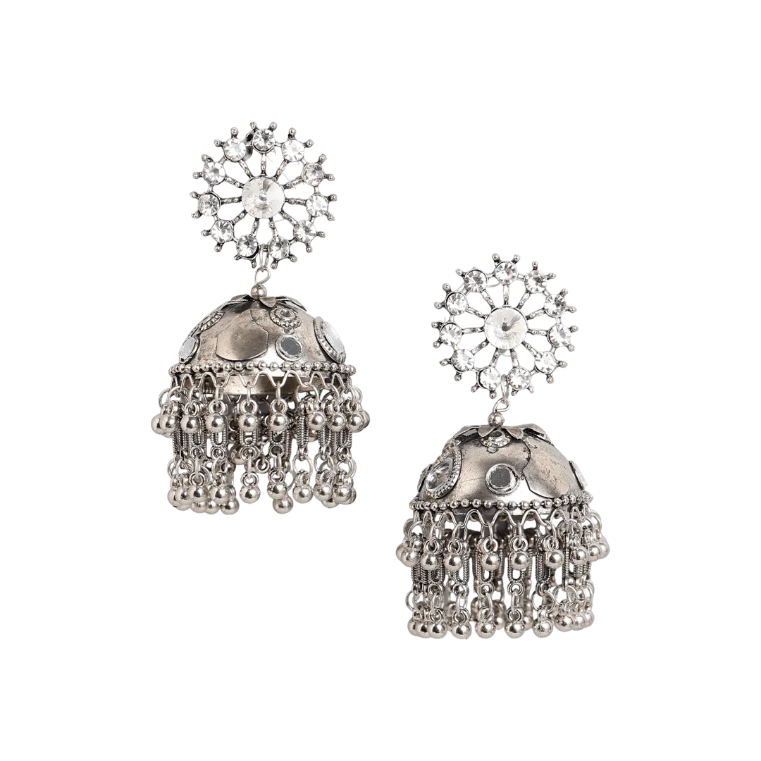 Kaumudi Silver Oxidised Stone Studded Jhumka Earrings