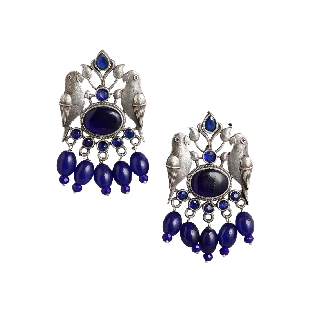 Totapari Silver Oxidised Drop Earrings - Navy Blue