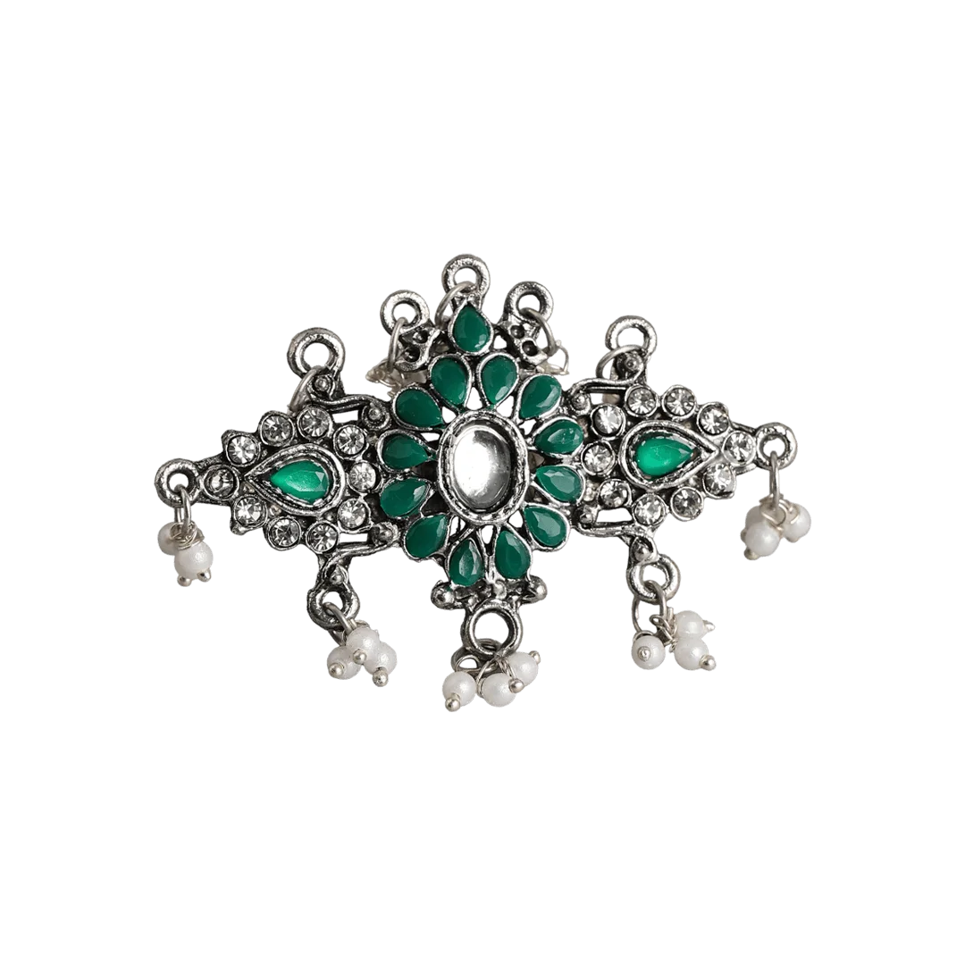 Maya Silver Oxidised Stone Studded Finger Ring - Emerald Green