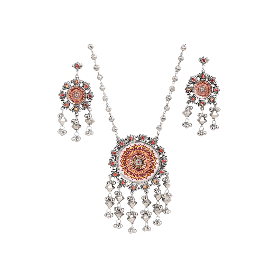 Rooh Silver-Oxidised Long Necklace Set - Red & Orange