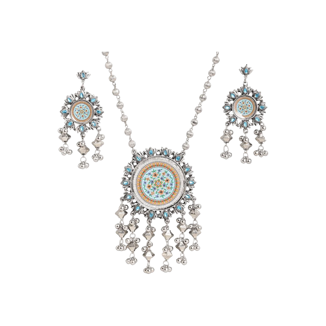 Rooh Silver-Oxidised Long Necklace Set - Firozi