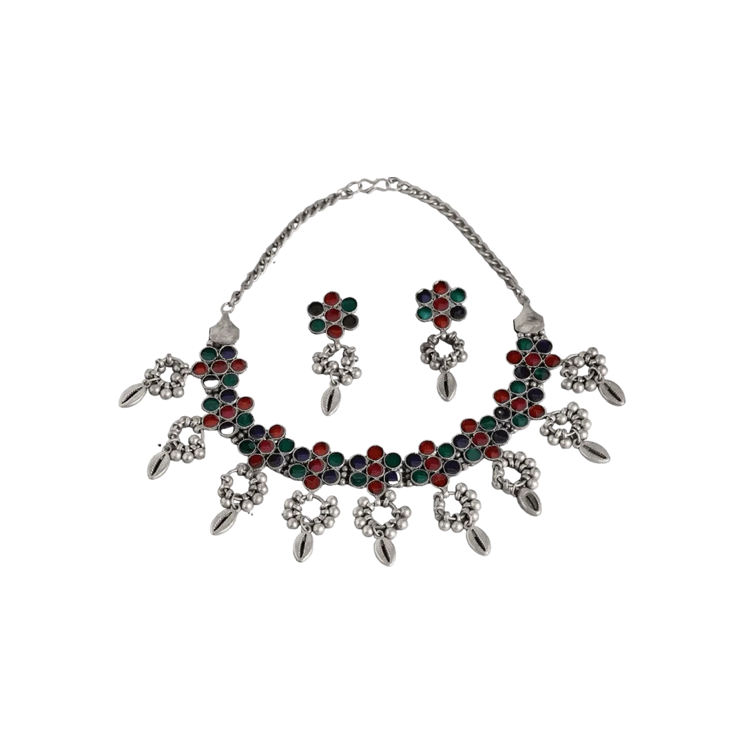 Midha Silver Oxidised Tribal Necklace Set - Green & Red