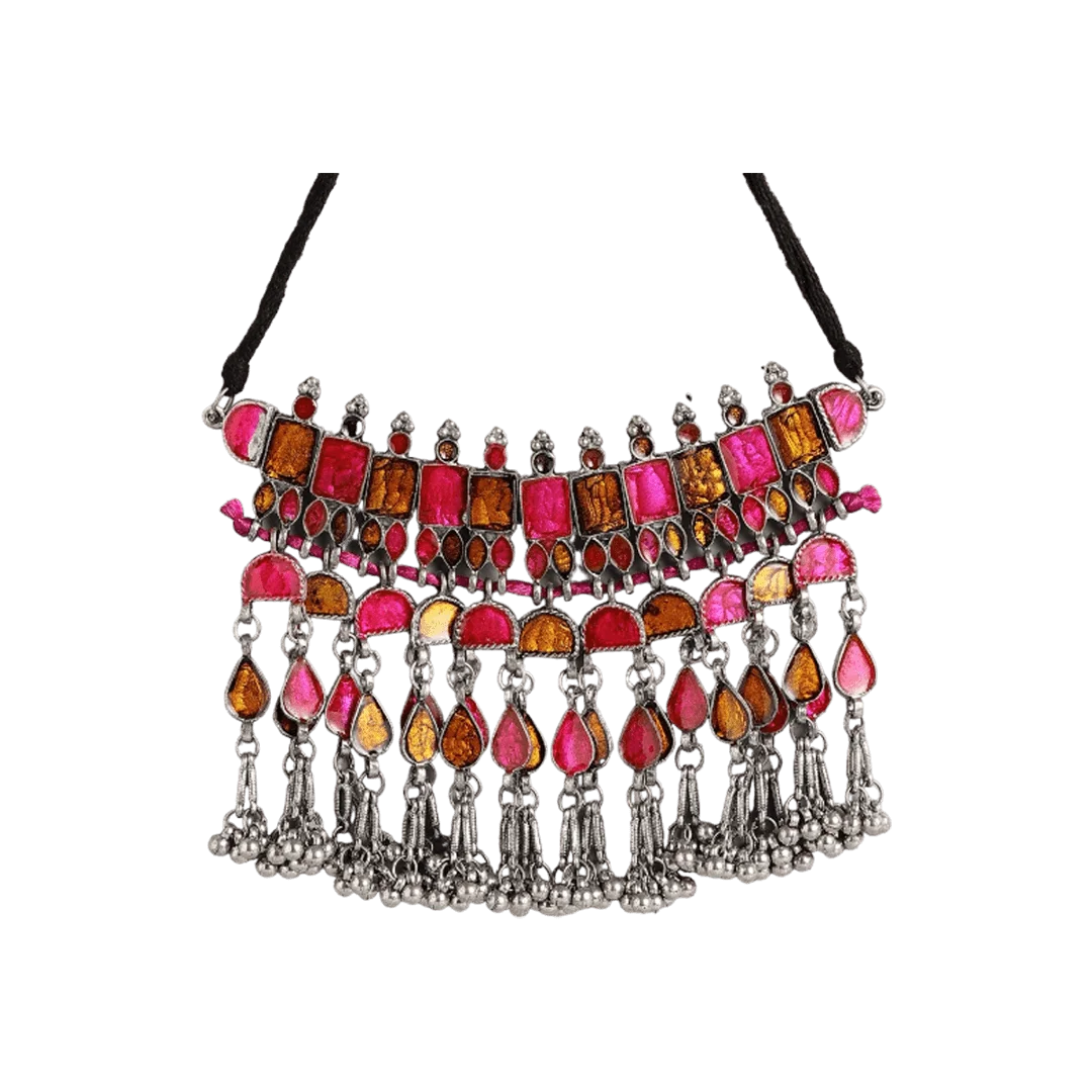 Ada Silver Oxidised Choker Necklace - Pink