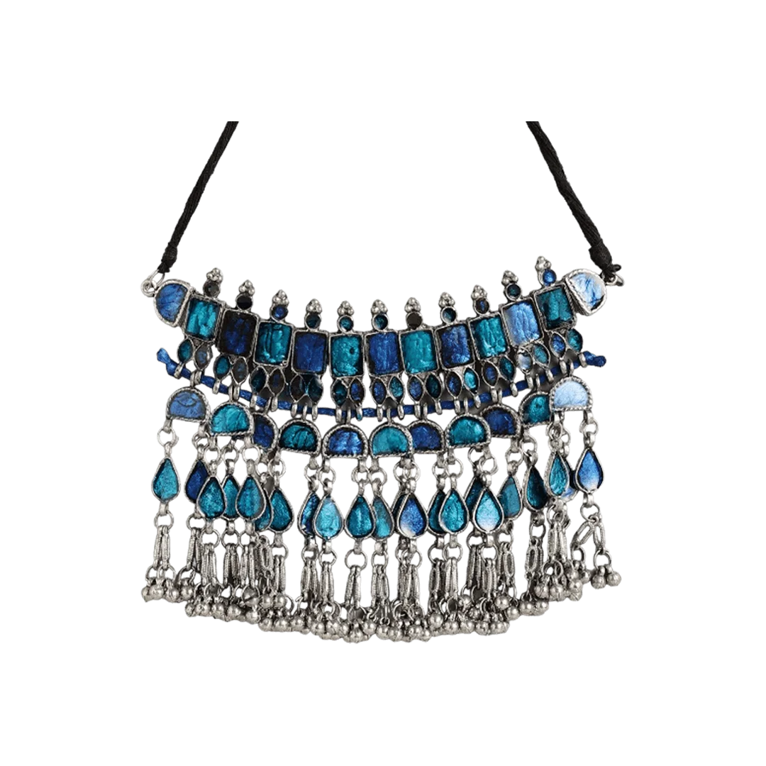 Ada Silver Oxidised Choker Necklace - Blue