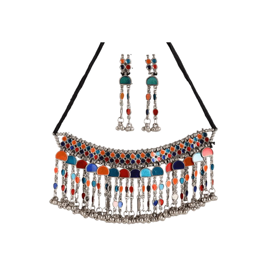 Mahira Silver Oxidised Multicoloured Choker Set