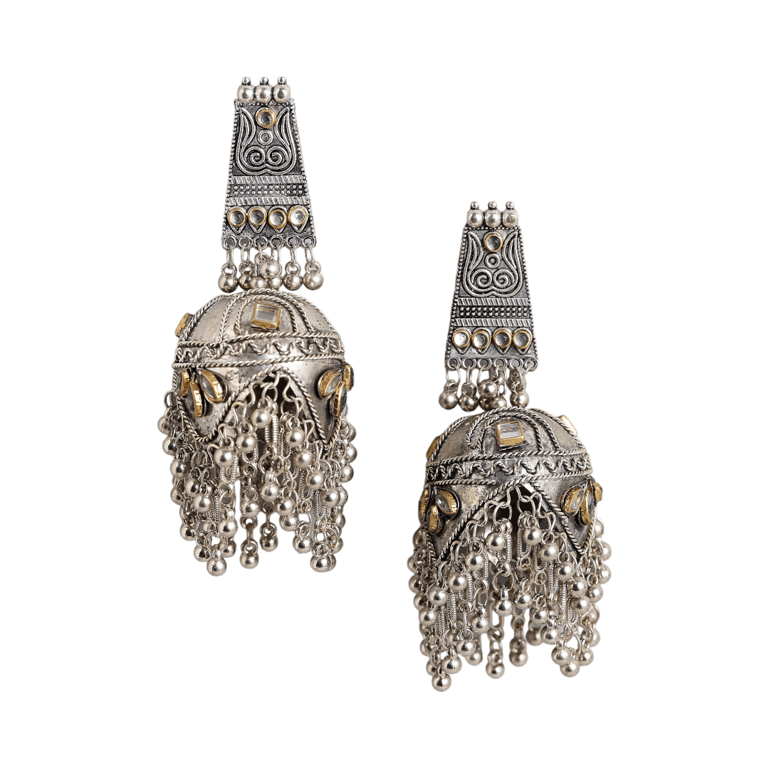 Kaumudi Silver Oxidised Stone Studded Jhumka Earrings