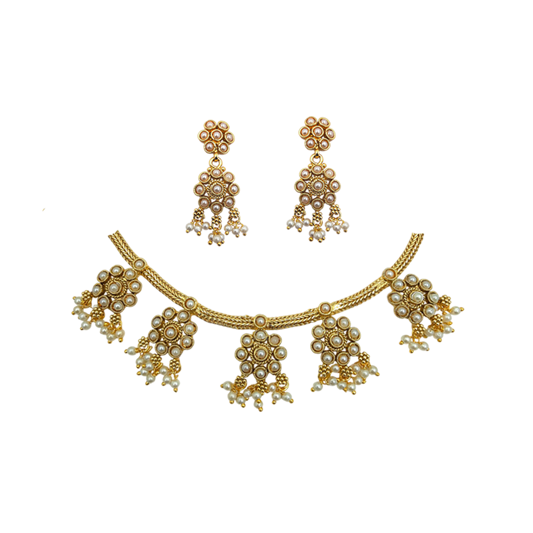 Devanshi Antique Gold Plated Choker Necklace Set with Pearl Drops and Earrings