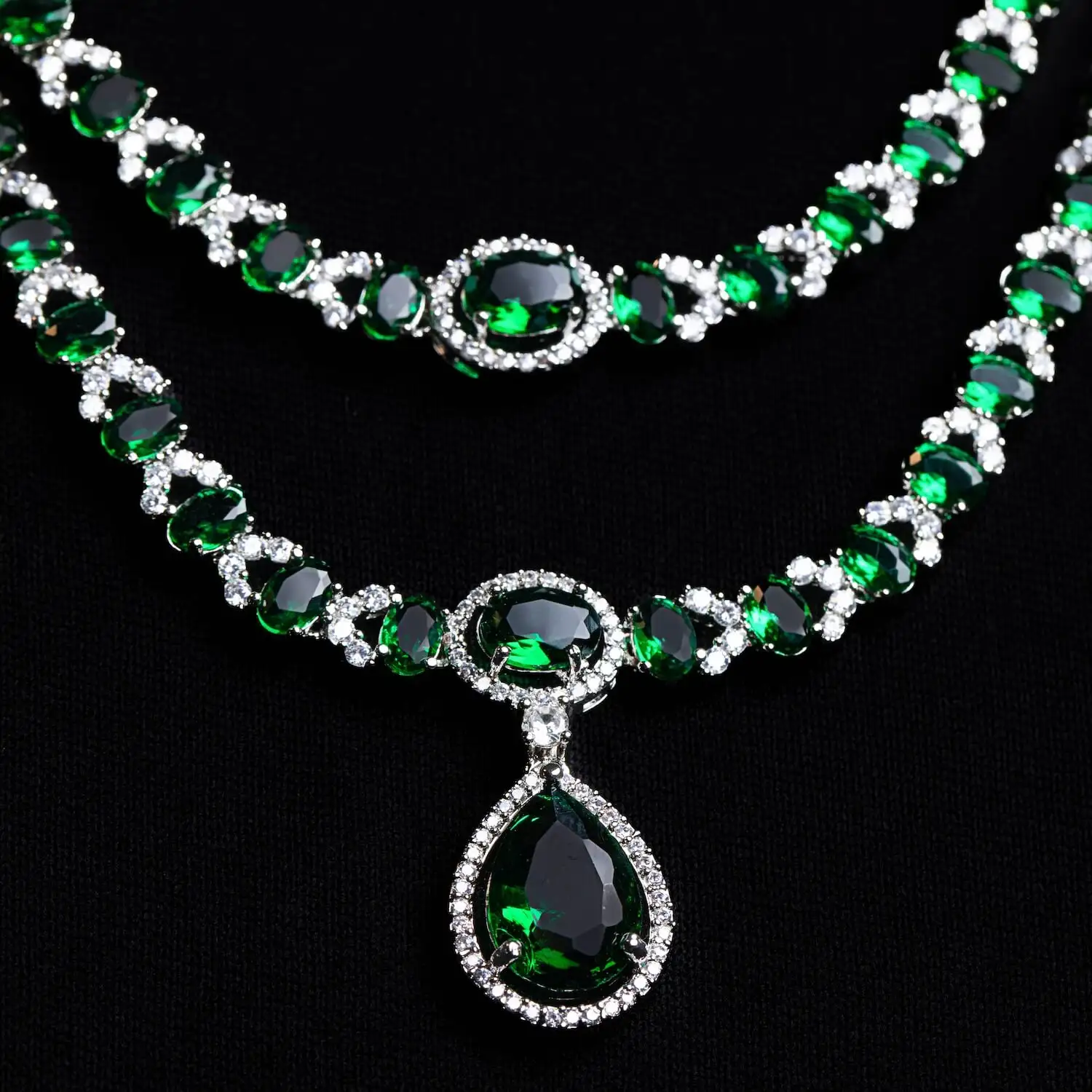 Ishira – Emerald Green Layered American Diamond Necklace Set