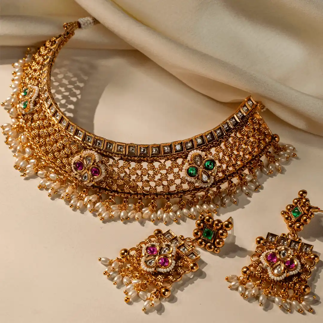 Pranvika – Antique Kundan Pearl Bridal Choker Set Pranvika – Antique Kundan Pearl Bridal Choker Set