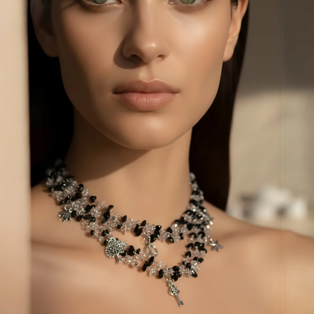 Noirvana – Black Onyx & Clear Quartz Charm Necklace