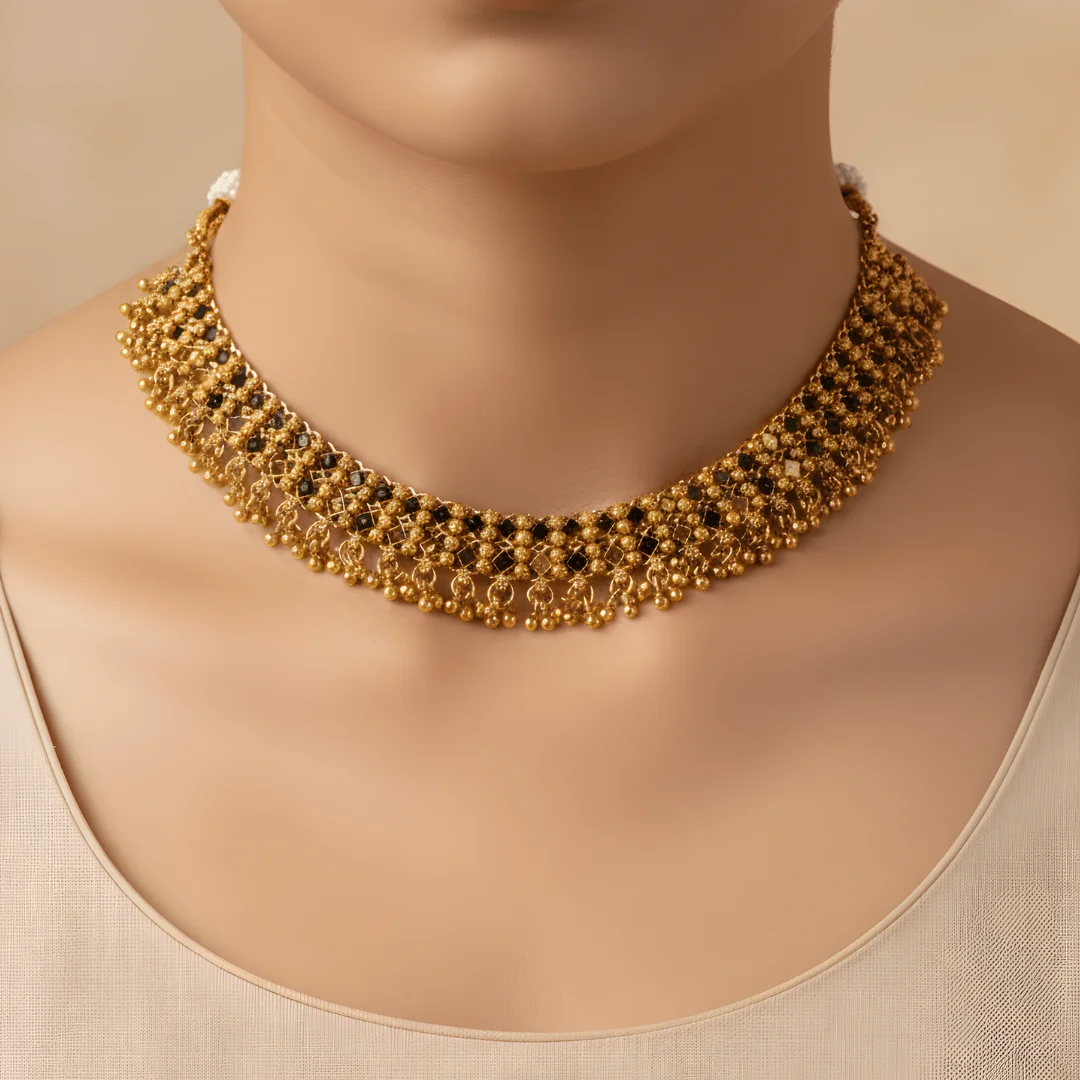Varnika – Antique Gold Floral Jaal Choker Set