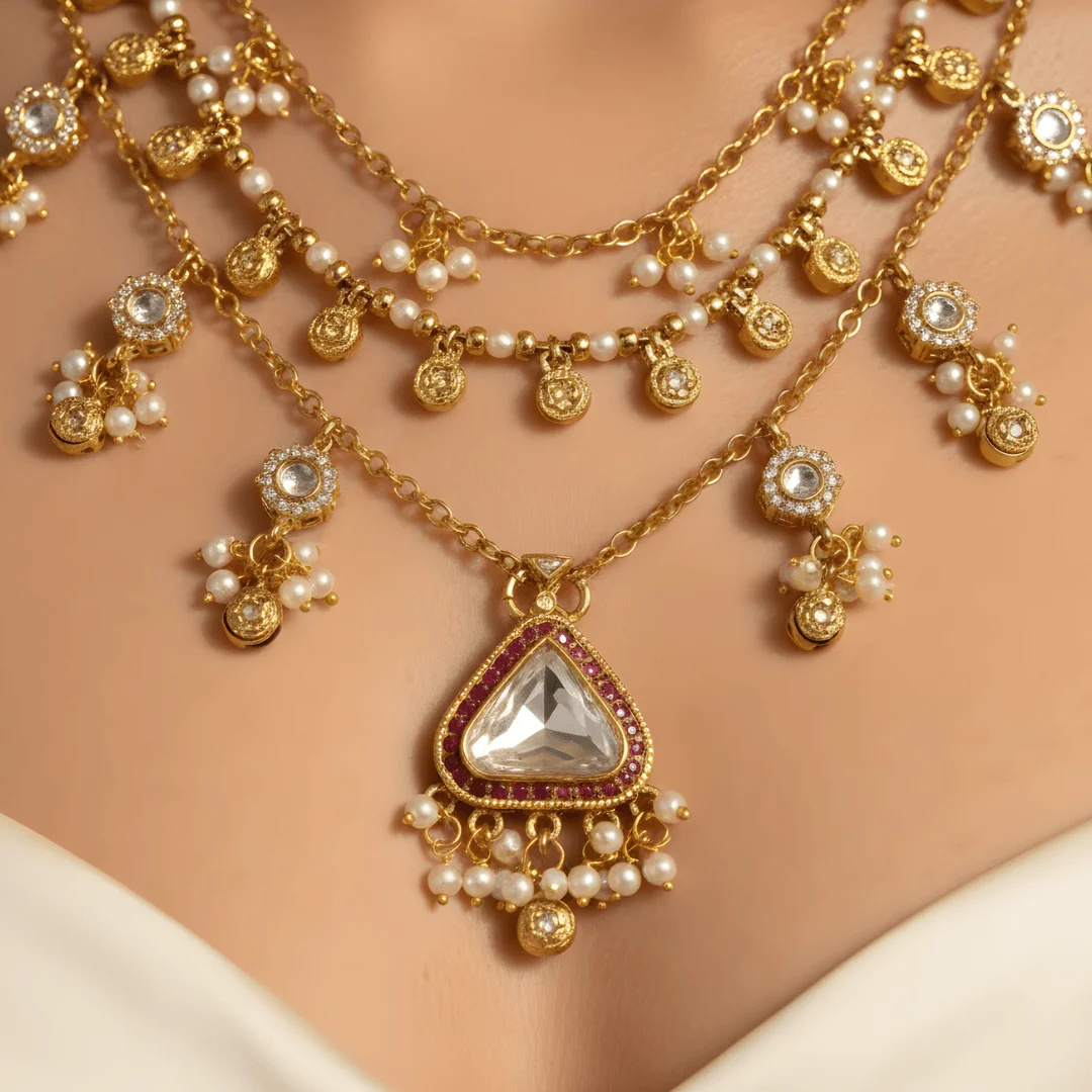 Aarini – Kundan Drop Layered Festive Necklace Set