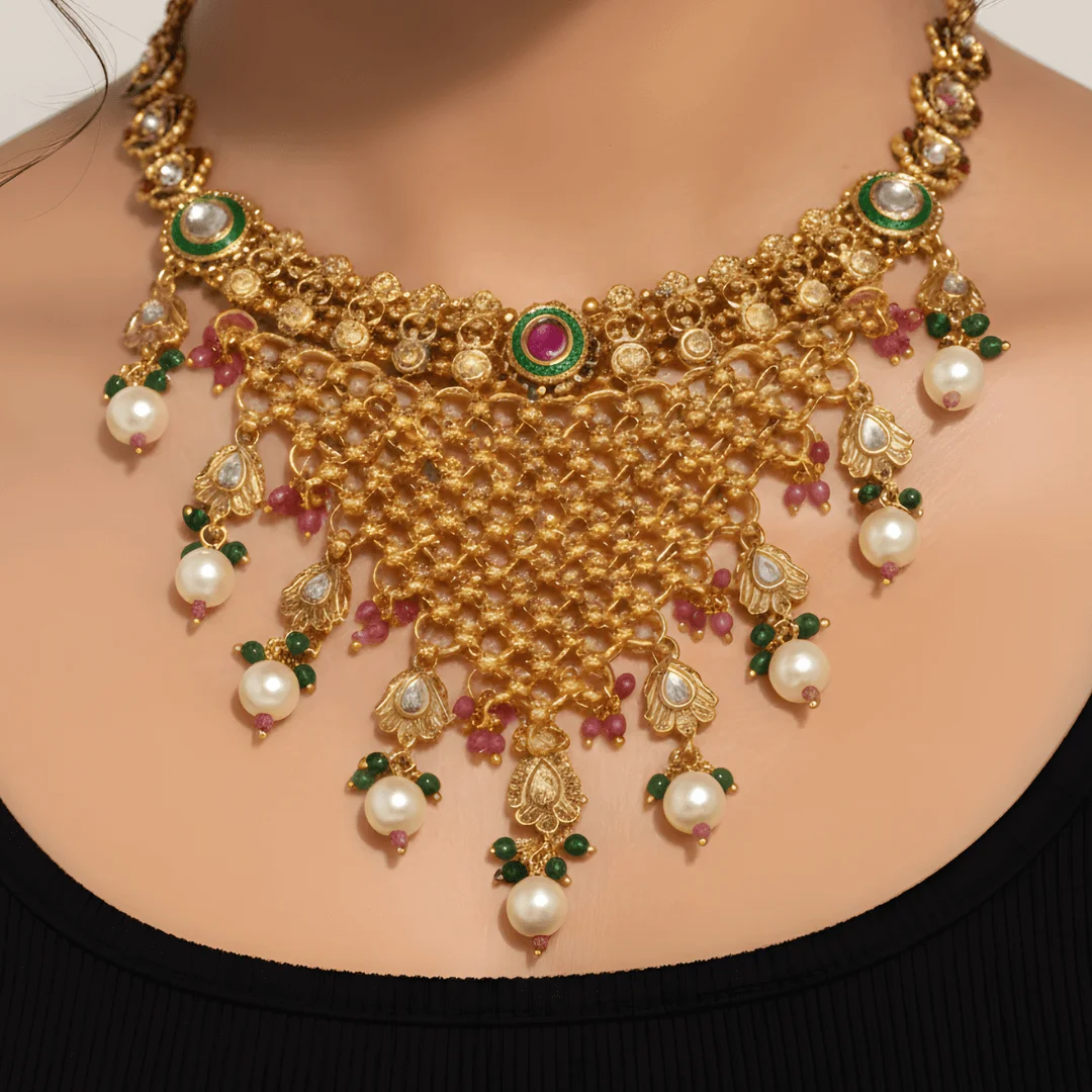 Sharvani – Temple Mesh Kundan Statement Set